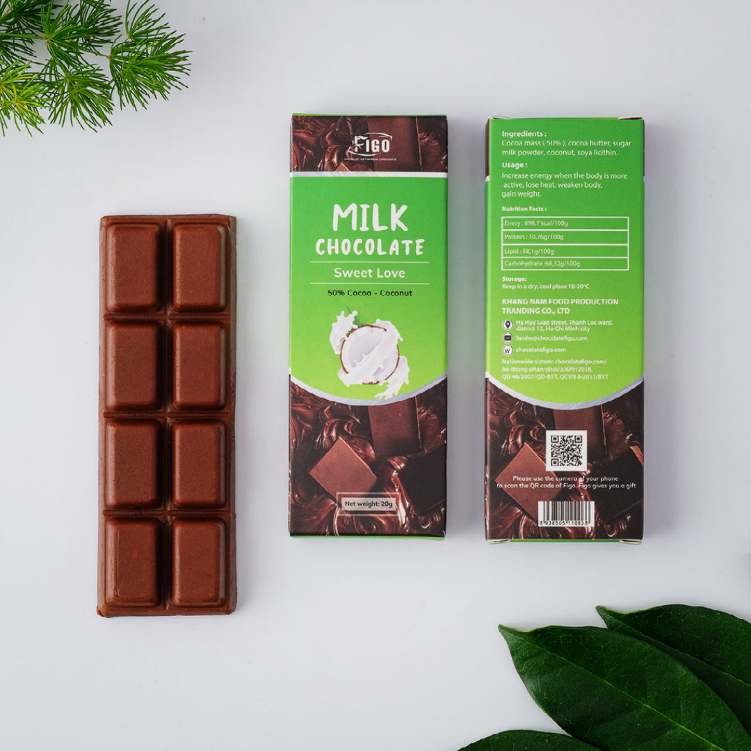(Bar 20g) Socola sữa nhân Dừa 50% cacao FIGO 20g