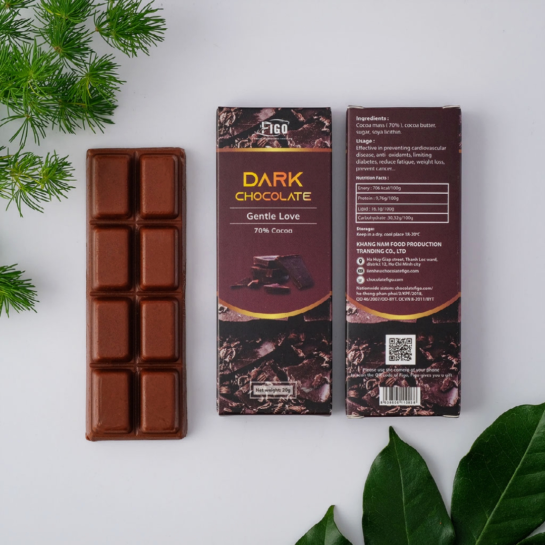 (Bar 20g) Socola đen 70% cacao ít đường 20g FIGO - Vị đắng vừa dễ ăn