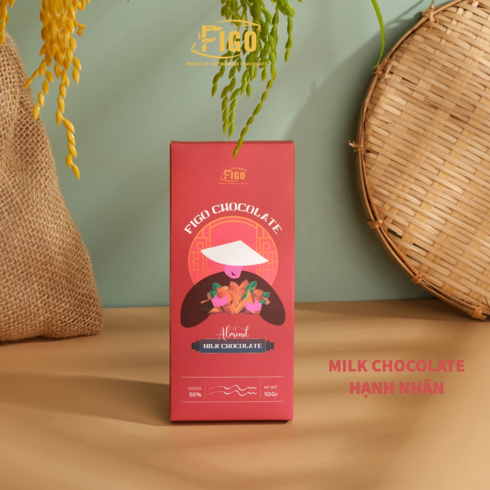 Milk Chocolate 50g Hạt hạnh nhân FIGO - Chocolate gift From Viet Nam, kèm nơ thiệp túi quà, ruy băng, rơm