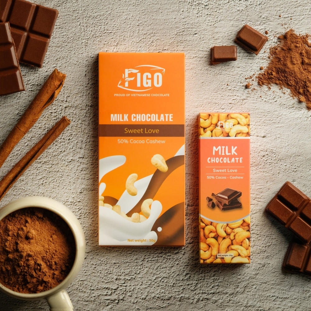 (Bar 20g) Socola sữa nhân Hạt điều 50% cacao FIGO 20g