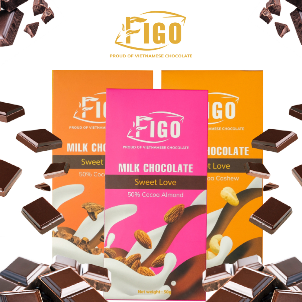 (Bar 50g) Combo 3 Socola sữa nhân Hạt hạnh nhân, Hạt điều và hạt cacao nibs ngọt vừa dòng Sweet Love 50g Figo