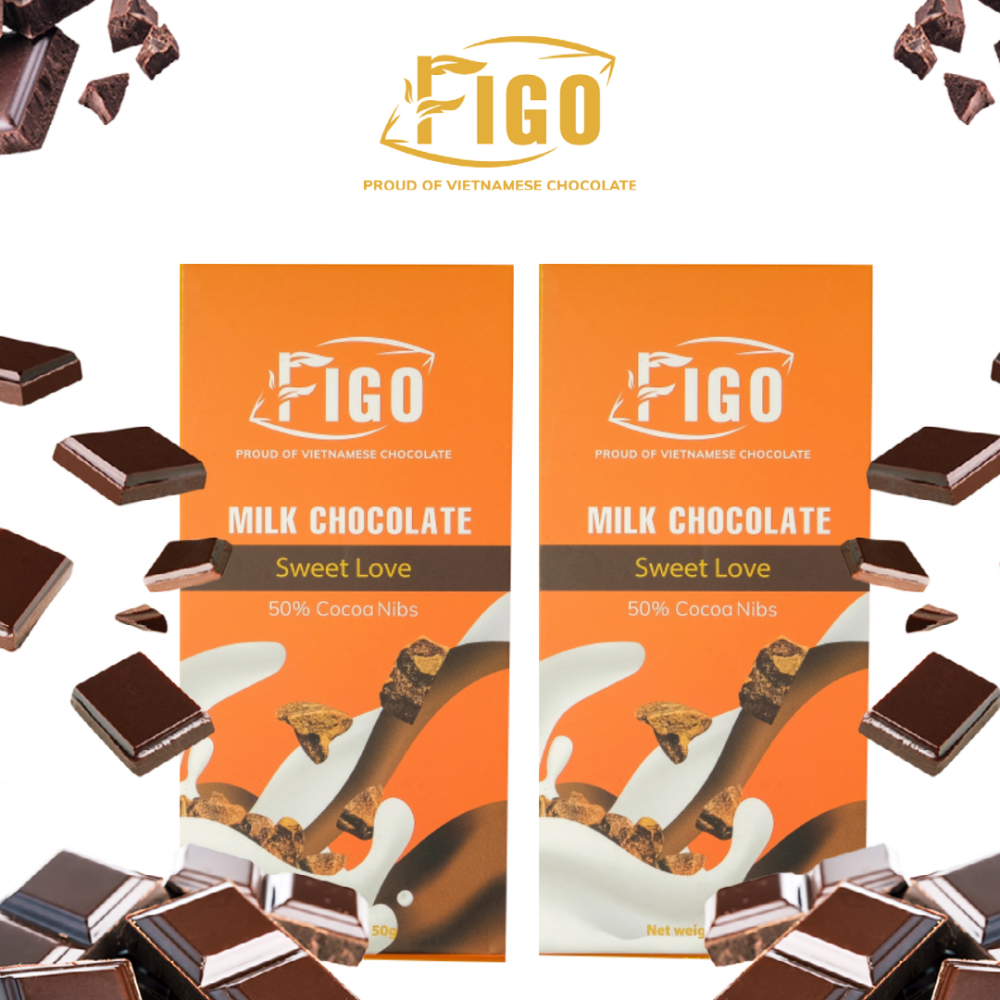 (Bar 50g) Combo 2 Socola sữa nhân Hạt cacao Nibs ngọt vừa dòng Sweet Love 50g Figo