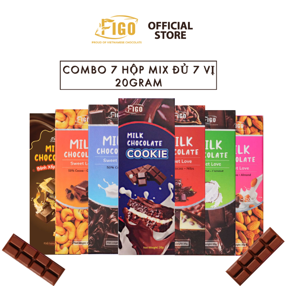 [COMBO 7 HỘP SOCOLA 20G MIX VỊ] Kẹo socola sữa mix đủ 7 vị FIGO, đồ ăn vặt giá sỉ tphcm
