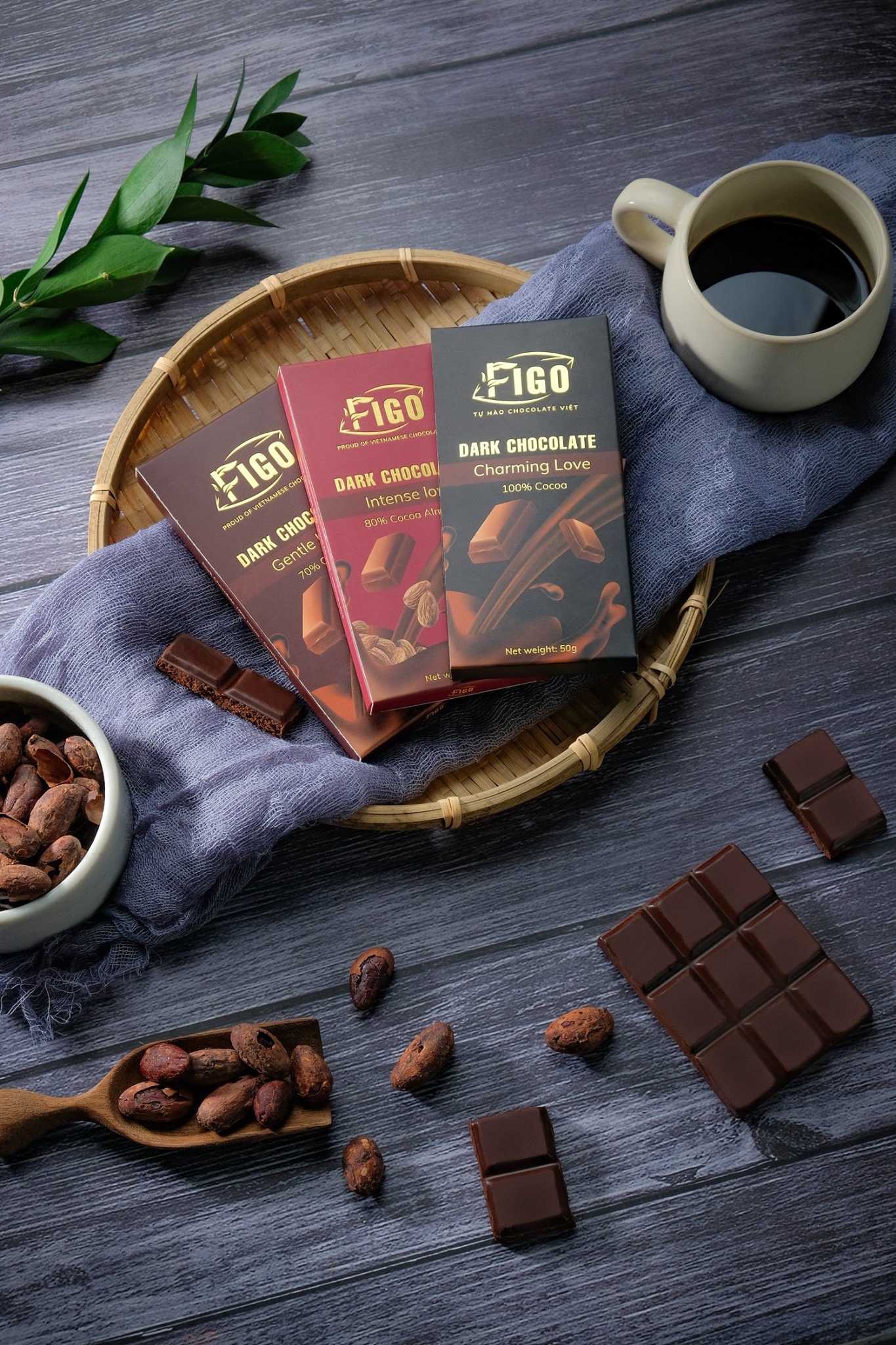 (Bar 50g) Socola đen nguyên chất không đường dòng Charming love 50g Figo - Vietnamese Chocolate