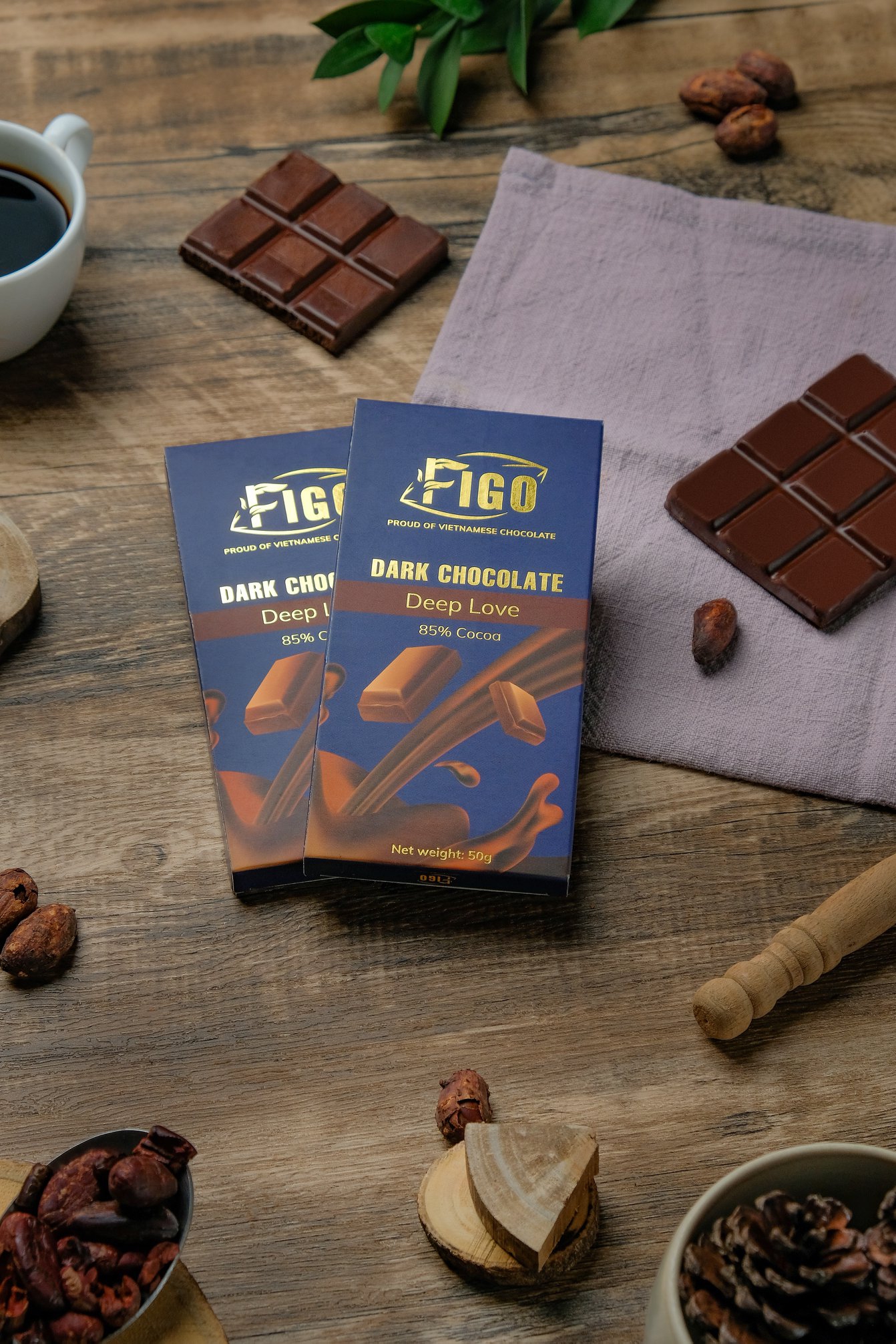 (Bar 50g) Combo 2 Socola đen 85% cacao ít đường dòng Deep Love 50g Figo - Vietnamese Chocolate