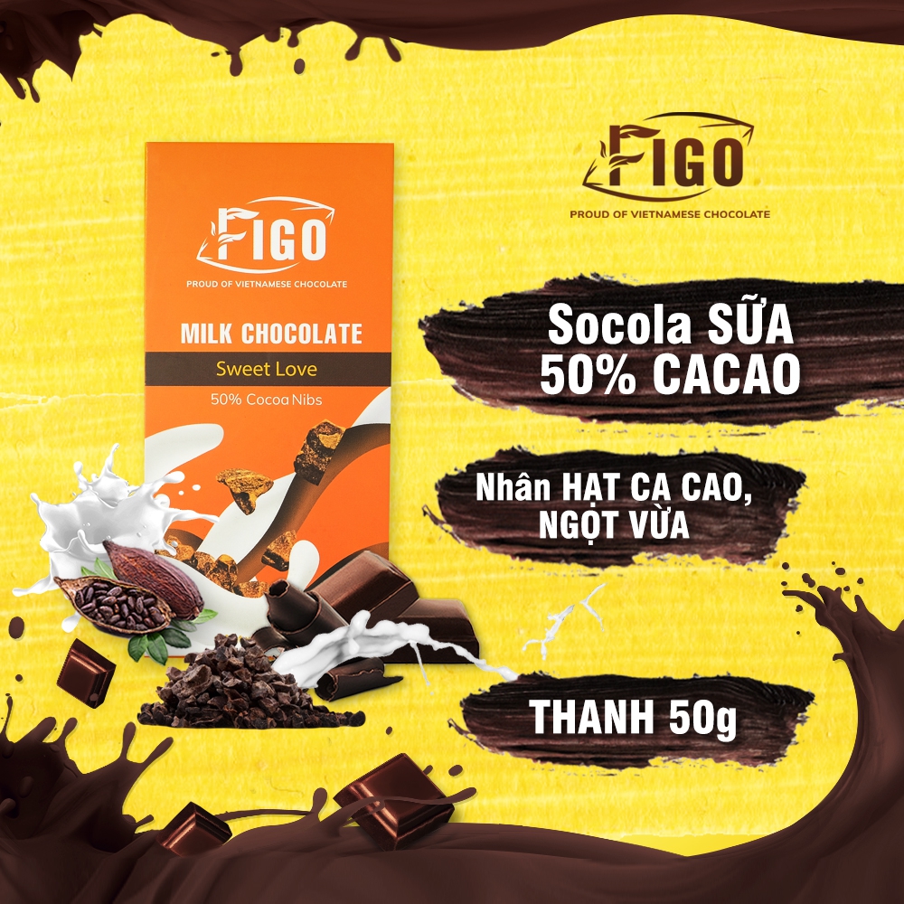 (Bar 50g) Socola sữa nhân Hạt cacao Nibs ngọt vừa dòng Sweet Love 50g Figo