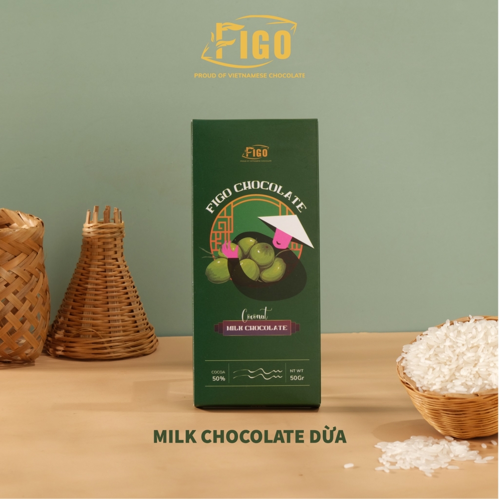 Milk Chocolate 50g Dừa FIGO - Chocolate gift From Viet Nam kèm nơ thiệp, túi đựng quà