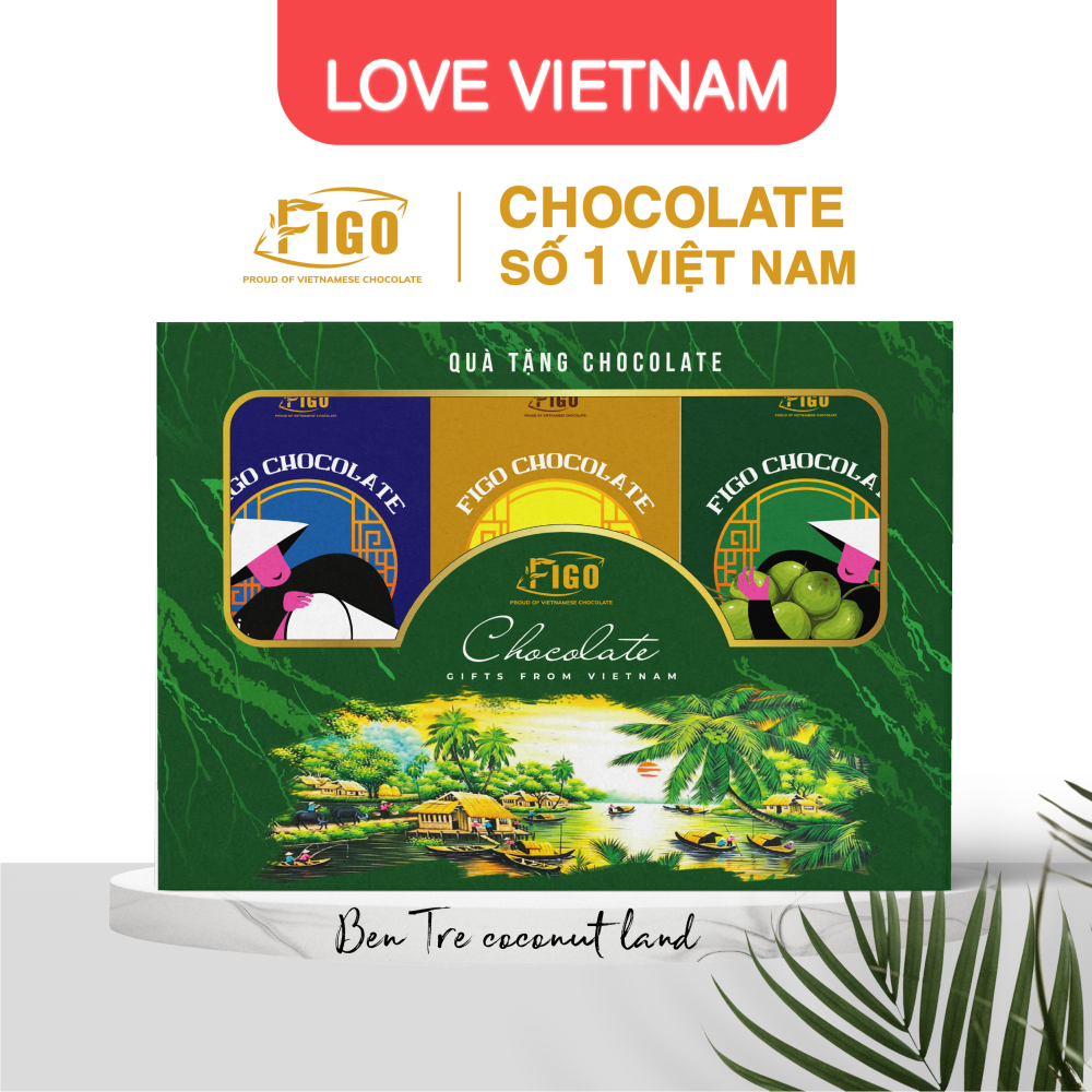 Set quà tặng Chocolate Bến Tre 3 Milk Chocolate 50g mix vị FIGO hộp màu nâu  - Chocolate gift From Viet Nam