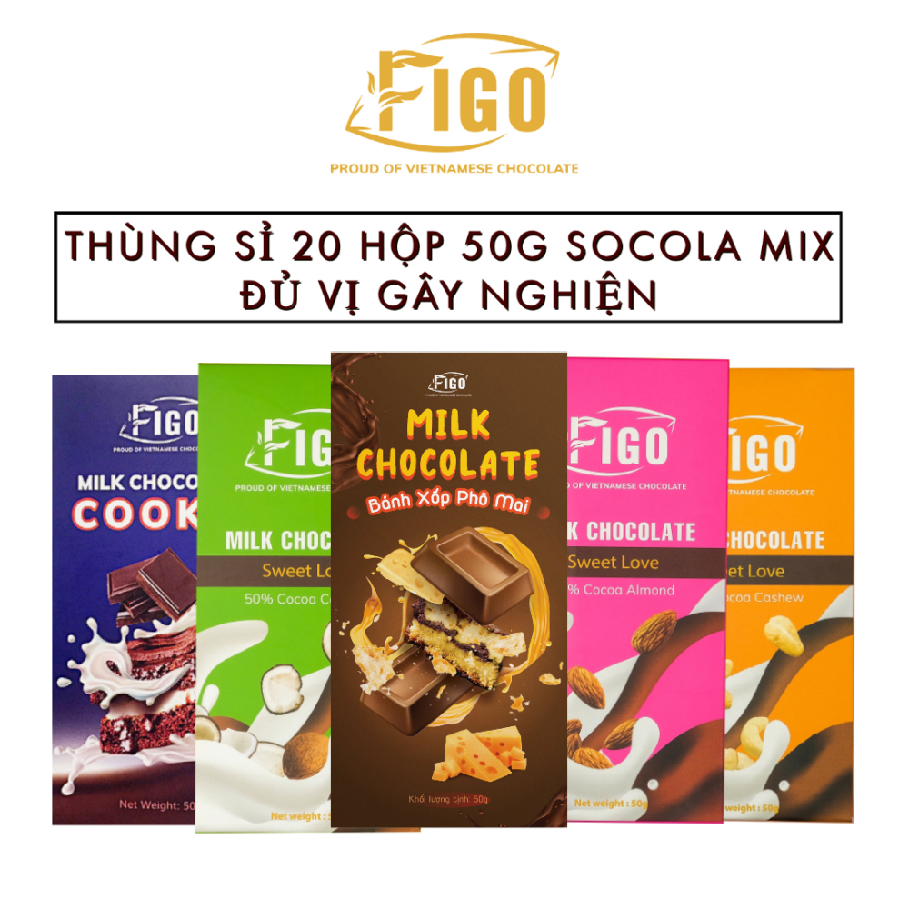 [THÙNG 20 HỘP 50G GIÁ SỈ] Kẹo socola sữa mix đủ 7 vị FIGO, đồ ăn vặt giá sỉ tphcm