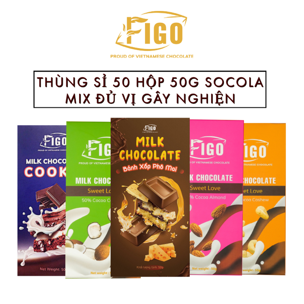 [THÙNG 50 HỘP 50G GIÁ SỈ] Kẹo socola sữa mix đủ 7 vị FIGO, đồ ăn vặt giá sỉ tphcm